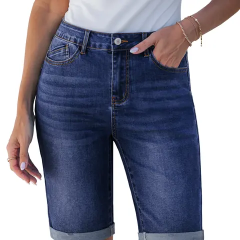 luvamia Bermuda Jean Shorts for Women Knee Length High Waisted Trendy Cuffed Hem Long Stretchy Denim Shorts Summer Jorts
