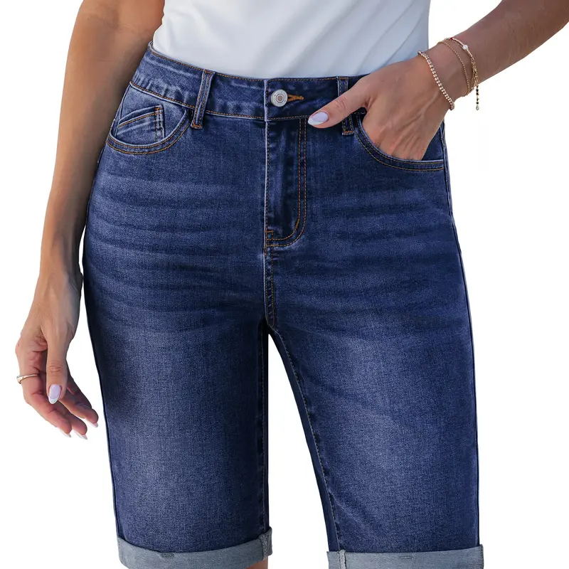 luvamia Bermuda Jean Shorts for Women Knee Length High Waisted Trendy Cuffed Hem Long Stretchy Denim Shorts Summer Jorts