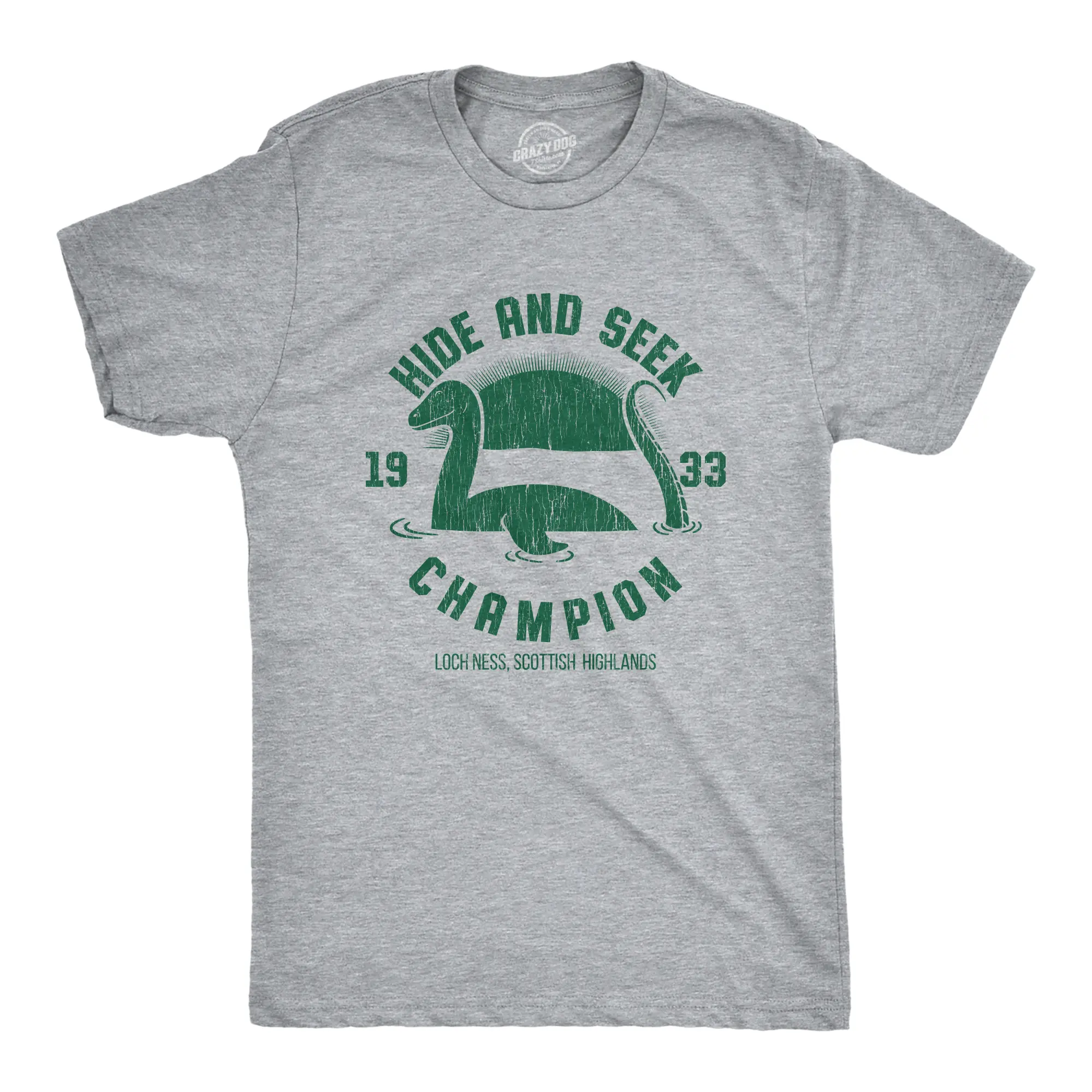 Mens Hide and Seek Champion Loch Ness Monster T Shirt Funny Sea Creature Graphic Tee Mens Funny T Shirts Cool Vintage Fashion T-Shirt Gift Classic Menswear Funny Sarcastic Short Sleeve Novelty Tees for Guys Light Grey