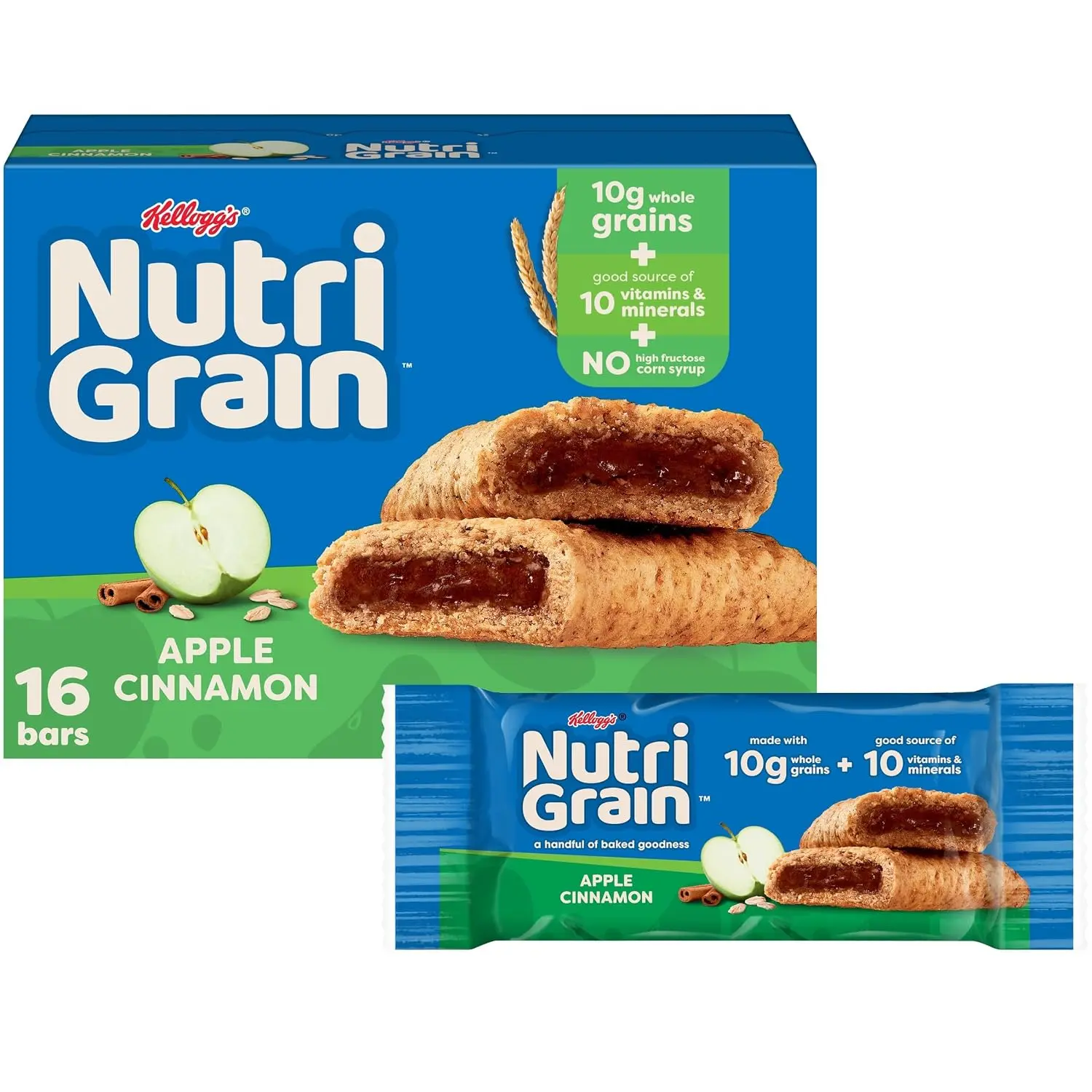 Nutri-Grain Breakfast Bars, Made with 10g Whole Grains, Kids Snacks, Apple Cinnamon, 20.8oz Box (16 Bars)