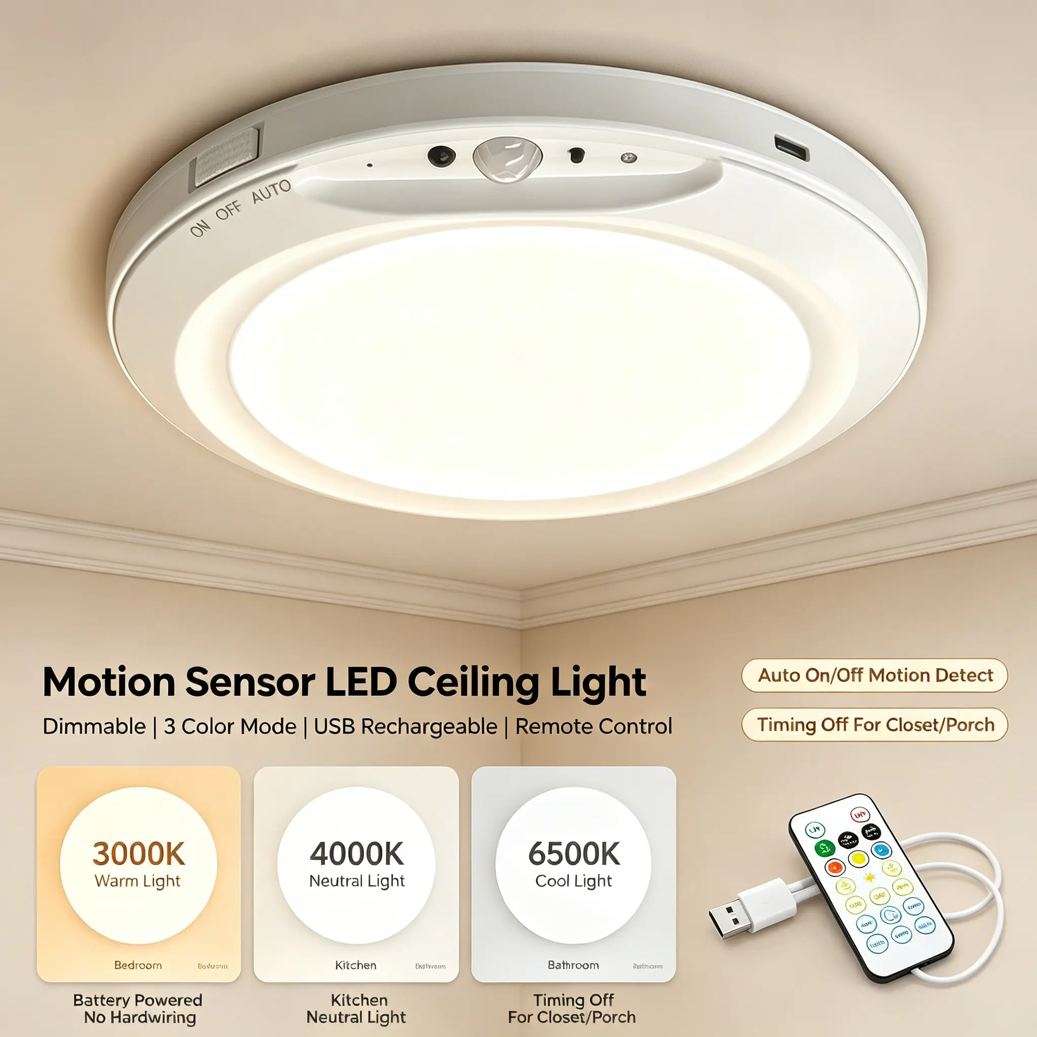 7-Inch Wired Motion Sensor Ceiling Light, 500LM Ultra Slim (0.59In) Close-to-Ceiling Fixture, 3000K-6500K Adjustable Indoor Light for Laundry, Garage