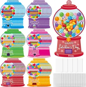 Valentine's Day Gumball Machine Candy Holders 48 Pack with Greeting Cards Kids Classroom Exchange Sets Treat Bags DIY Party Favors for Boys Girls