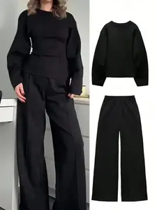 Two-Piece Set Women's Casual Elegant Solid Color Long Pants, Round Neck Long Sleeve Top and High Waist Wide Leg Pants, Fashion All Seasons