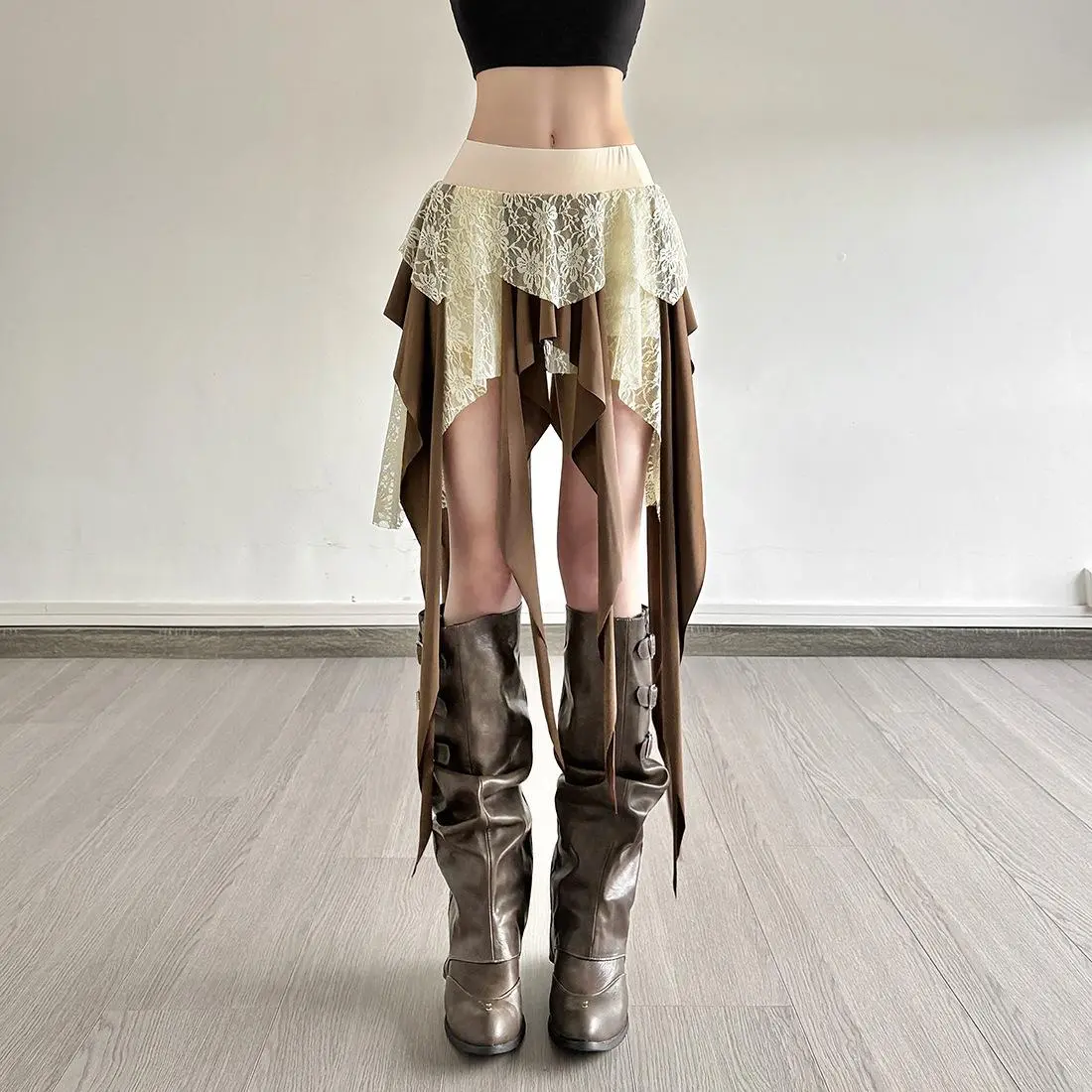 Y2K Fairy Grunge Layered Skirt, Lace Patchwork Irregular Jagged Ribbon Handkerchief Asymmetrical Mini Skirt