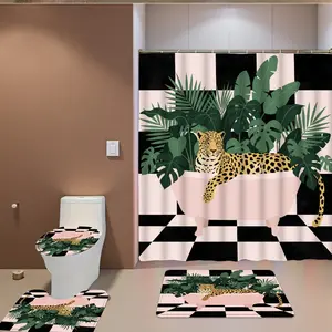 & Plaid Leopard Bathroom Set, Includes Shower Curtain, U-Shaped Mat, Toilet Seat Cover + 12 Hooks, Soft Fabric, Complete Decor Kit, Shower Curtain Sets