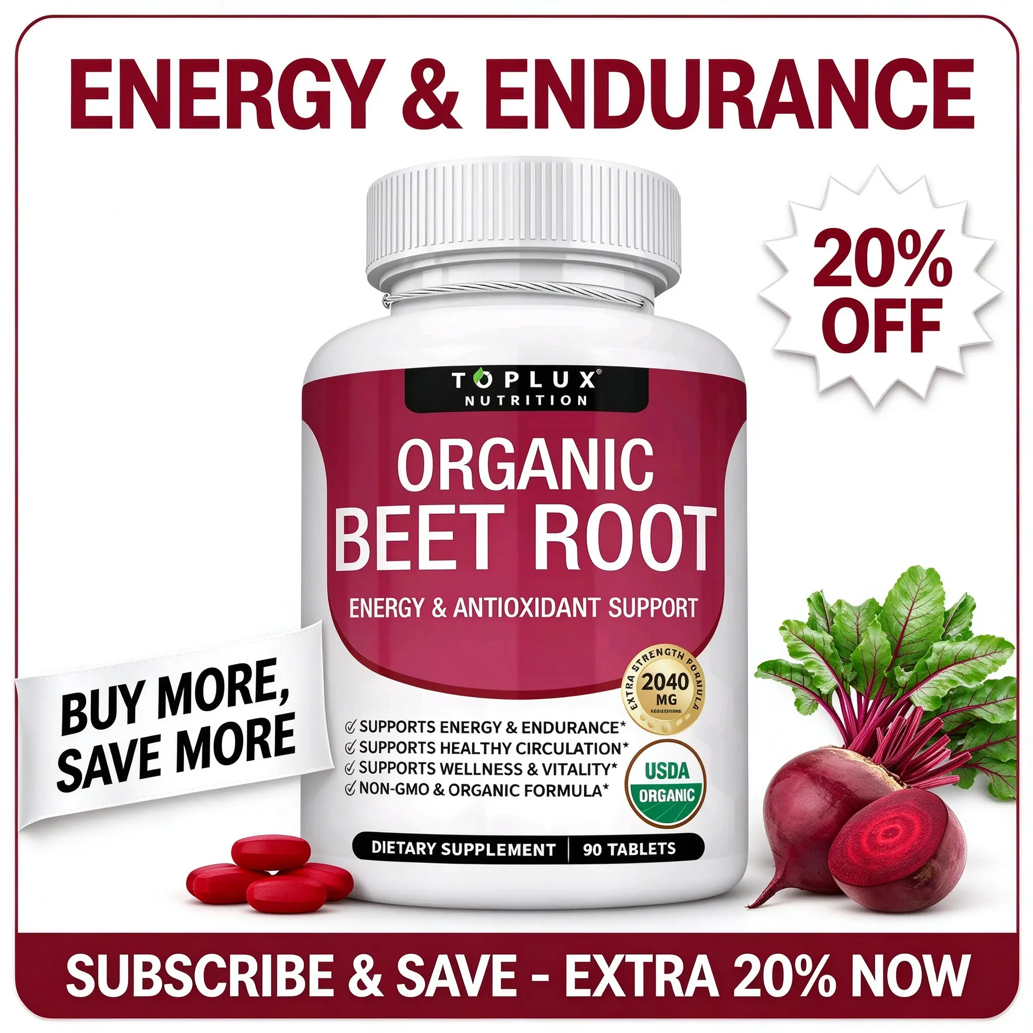 Toplux Organic Beet Root Tablets - Nitric Oxide Booster Beetroot Supplement 2040mg