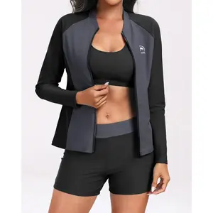 Holipick Long Sleeve Swimsuits for Women - Three Piece Rash Guard with Shorts Zipper SPF Swim Shirt with Built in Bra