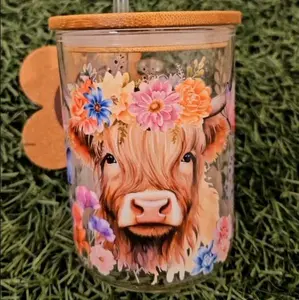 Floral Spring Cow 15oz Glass Tumbler with Handleand Bamboo Lid Mugs Drinkware Stylish Cups Coffee Tea Beverage Reusable Washable