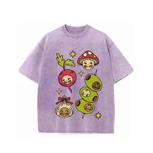 230g Washed, Happy Vegetable Party Print T-shirt, High-quality Batik  Retro Fashion Brand T-shirt, Unisex T-shirt, Casual Attire, Holiday Gift, Perfect Present.