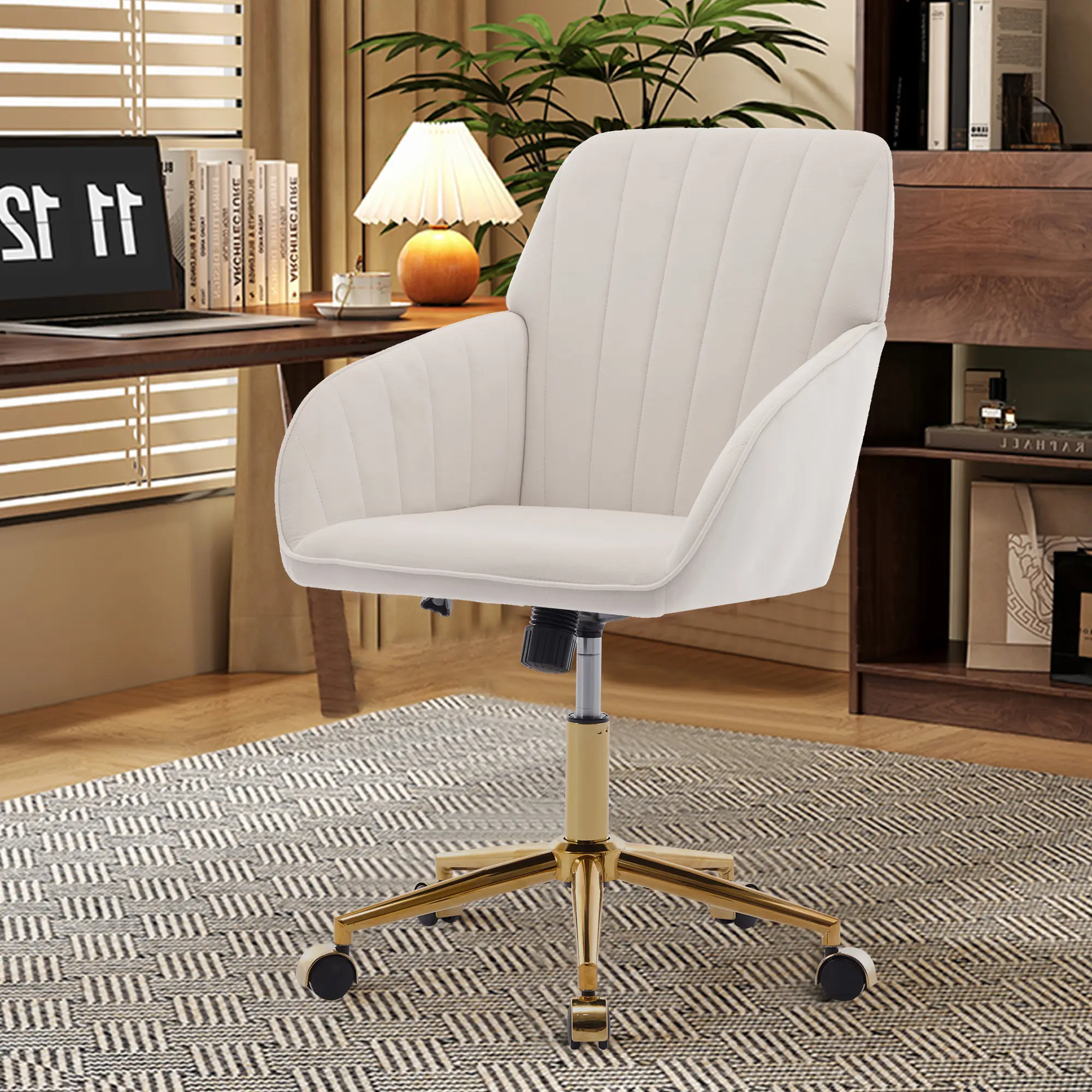 Velvet Office Desk Chair with Wheels and Gold Base, Modern Height Adjustable 360 Degree Swivel Upholstered Vanity Chairs with Arms for Living Room Bedroom, Study, Beige