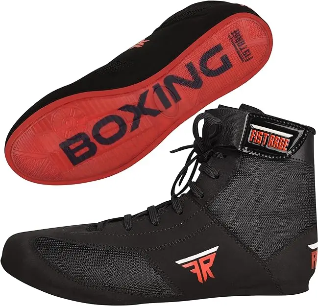 FISTRAGE Low-top Leather Kick Boxing Shoes Fighting Sports Master Training Mesh Unisex Pro Men's and Youth Genuine Boot Light Weight | Black Color Boxing Shoes for Adults
