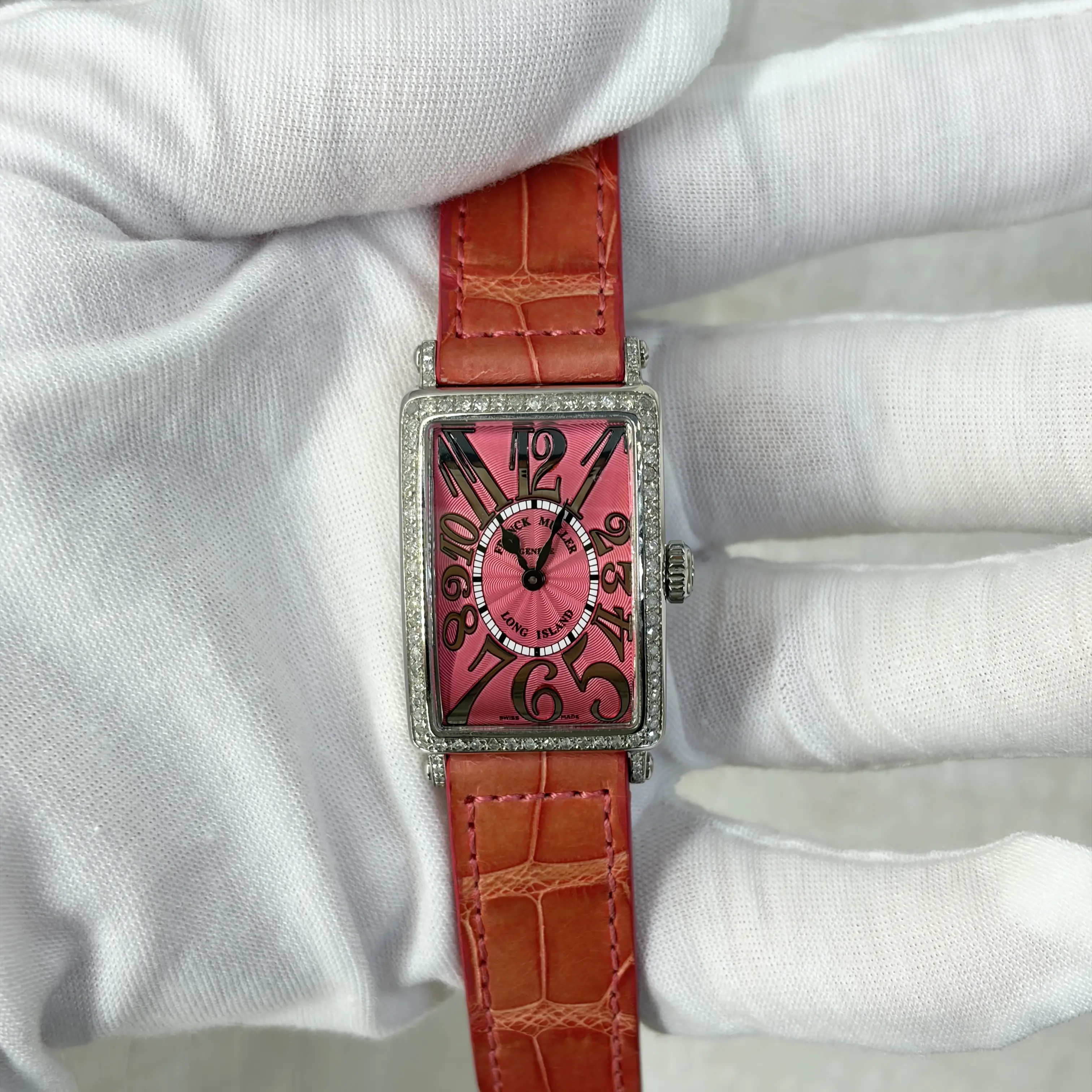 Franck Muller Long Island 902 22×32mm Quartz Red Dial Stainless Steel Ladies Watch with Aftermarket Diamond Bezel WHT031700