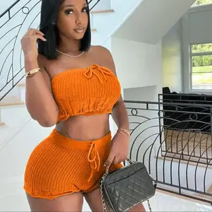 two-piece set woman Sexy Knit Shorts Set Women Two Piece Set Summer Drawstring Strapless Crop Top and Shorts Vacation Outfits Ensemble Short Femme