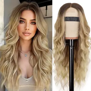 ALXNAN HAIR Blonde Wig for Women Long Wavy Lace Hairline Middle Part Synthetic Heat Resistant Wig for Daily Party 26 Inch