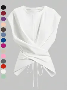 2026 Summer New Arrival Top, Unique Slimming Cross Tie Short Sleeve Shirt, Versatile Hem Design, European and American Style Clothing