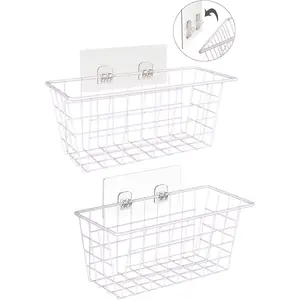 Hanging Kitchen Baskets For Storage Adhesive Small Wire Storage Baskets No Drilling Wall Mounted Shelf for Kitchen Pantry Room Cabinet Bathroom, 2 PACK, White