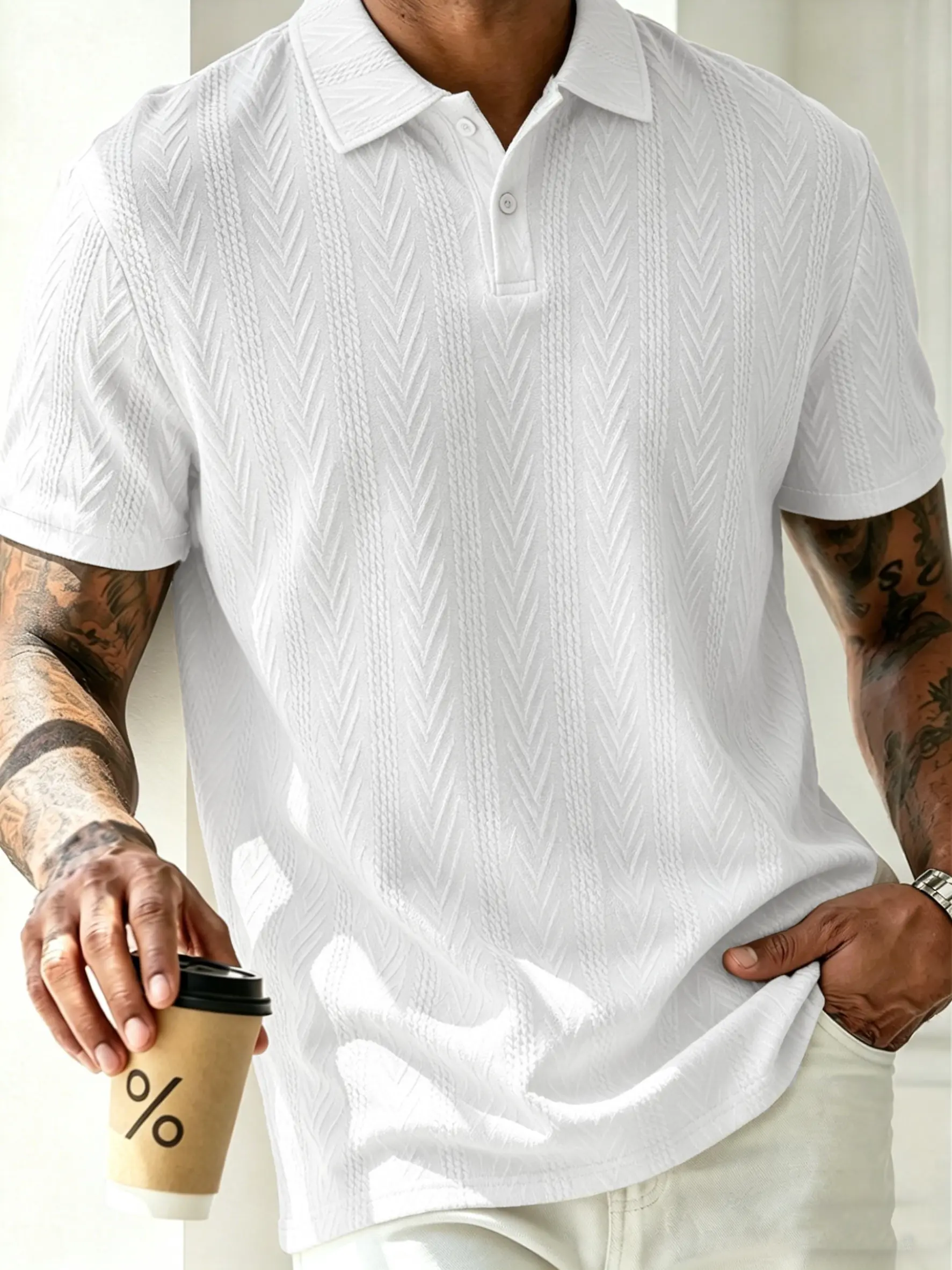 Men's new solid color shirt collar polo shirt, jacquard design, soft fabric, outdoor leisure business breathable polo shirt golf shirt, suitable for vacation and business occasions, daily leisure essential fathersdaygift