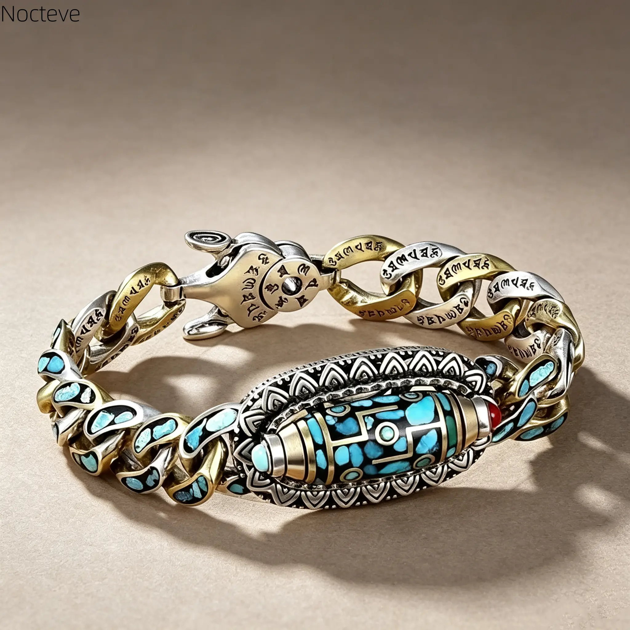 Tibetan Style Bracelet & Anklet with Nine-Eyed Dzi Bead, Six-Syllable Mantra Engraved Turquoise Inlaid Meditation Amulet, Good Luck Fashion Ornament for Daily Casual Wear