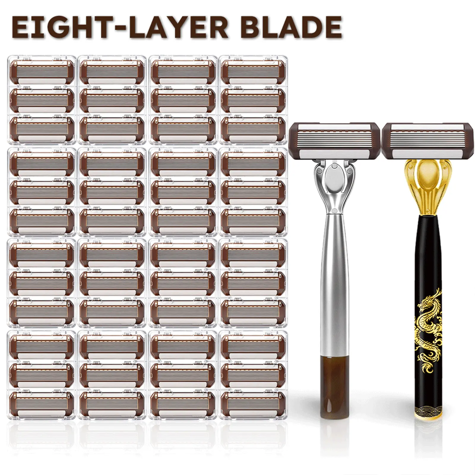 Men's Luxury 8-Blade Ergonomic Manual Shaving Kit, with Optional 24/48/72 Replacement Blades, for Beard & Sideburn Grooming - Ideal Father's Day Gift