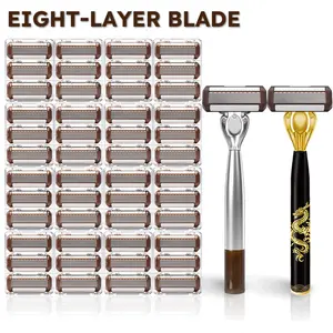 Men's Luxury 8-Blade Ergonomic Manual Shaving Kit, with Optional 24/48/72 Replacement Blades, for Beard & Sideburn Grooming - Ideal Father's Day Gift