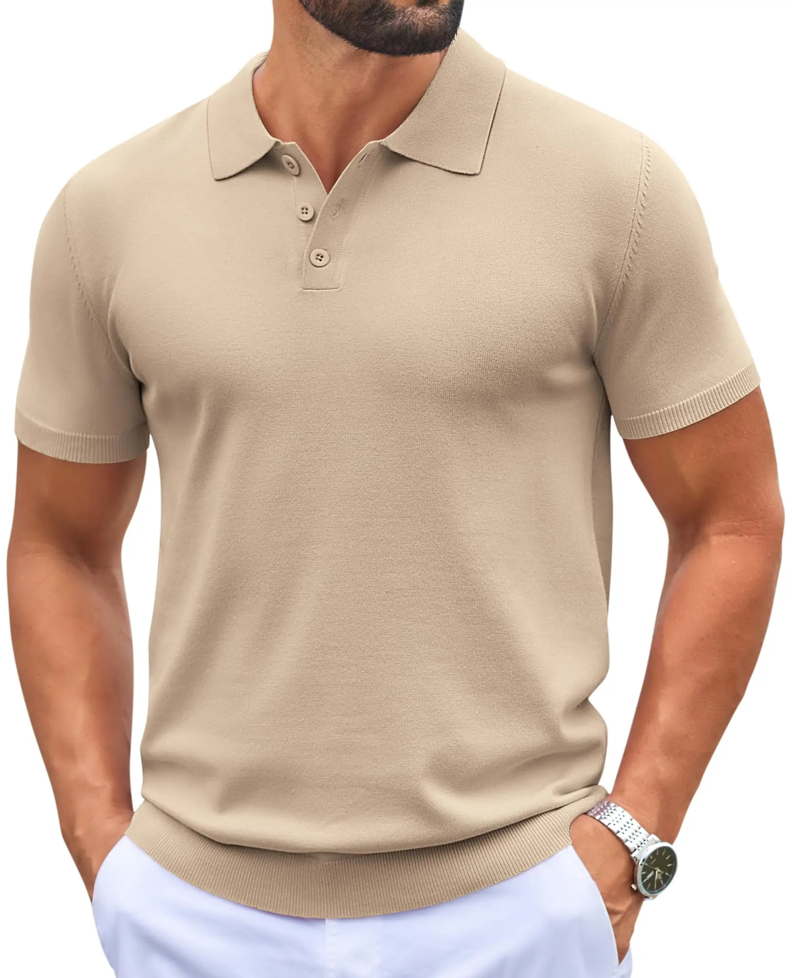 COOFANDY B Mens Knit Polo Shirts Casual Short Sleeve Button Down Polo Shirt Classic Golf Shirts