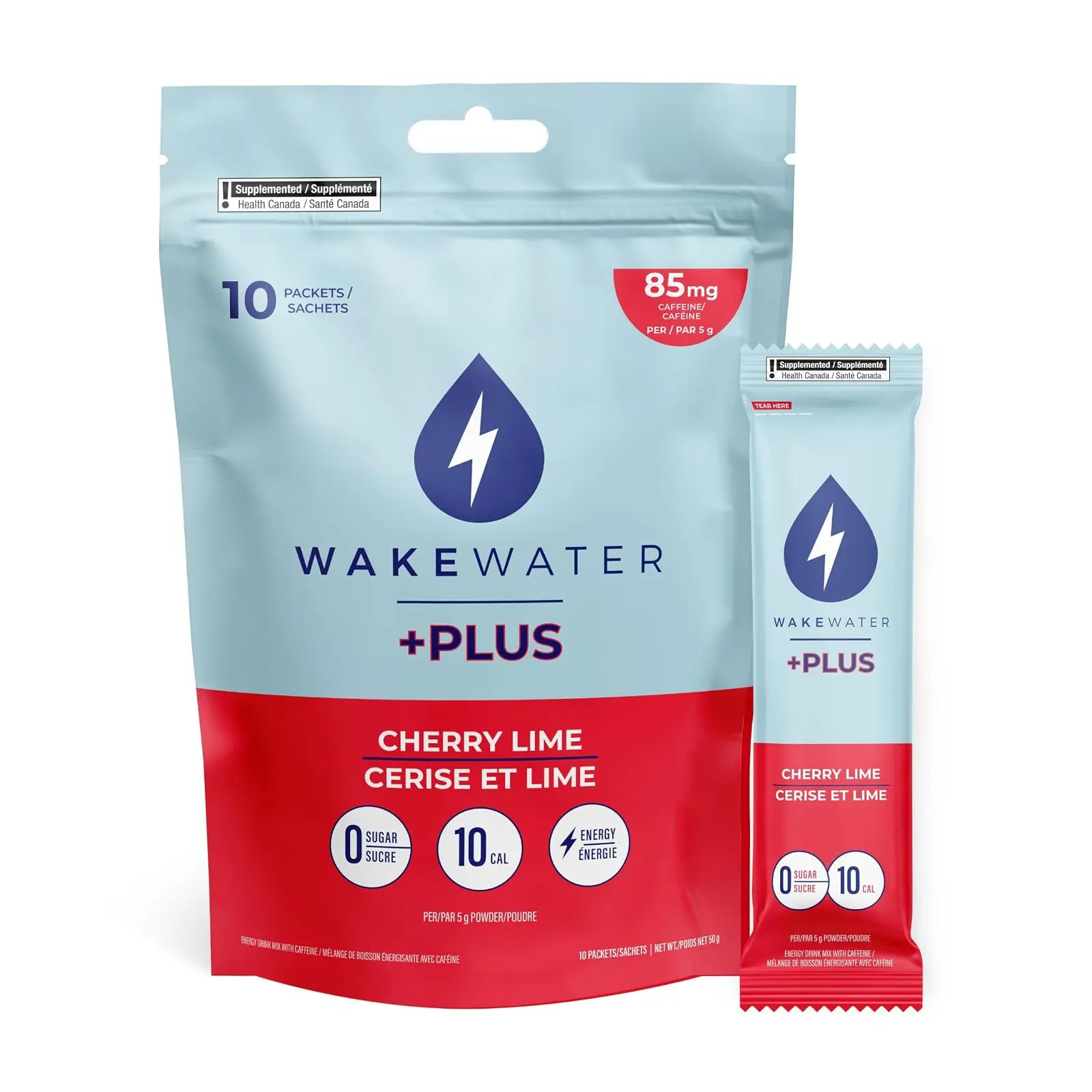 WakeWater Plus Energy Powder - Sugar Free Hydration Drink Mix with Electrolytes and Vitamins - 85mg Natural Caffeine from Green Tea - No Artificial Sweeteners - Cherry Lime, 10 Packets