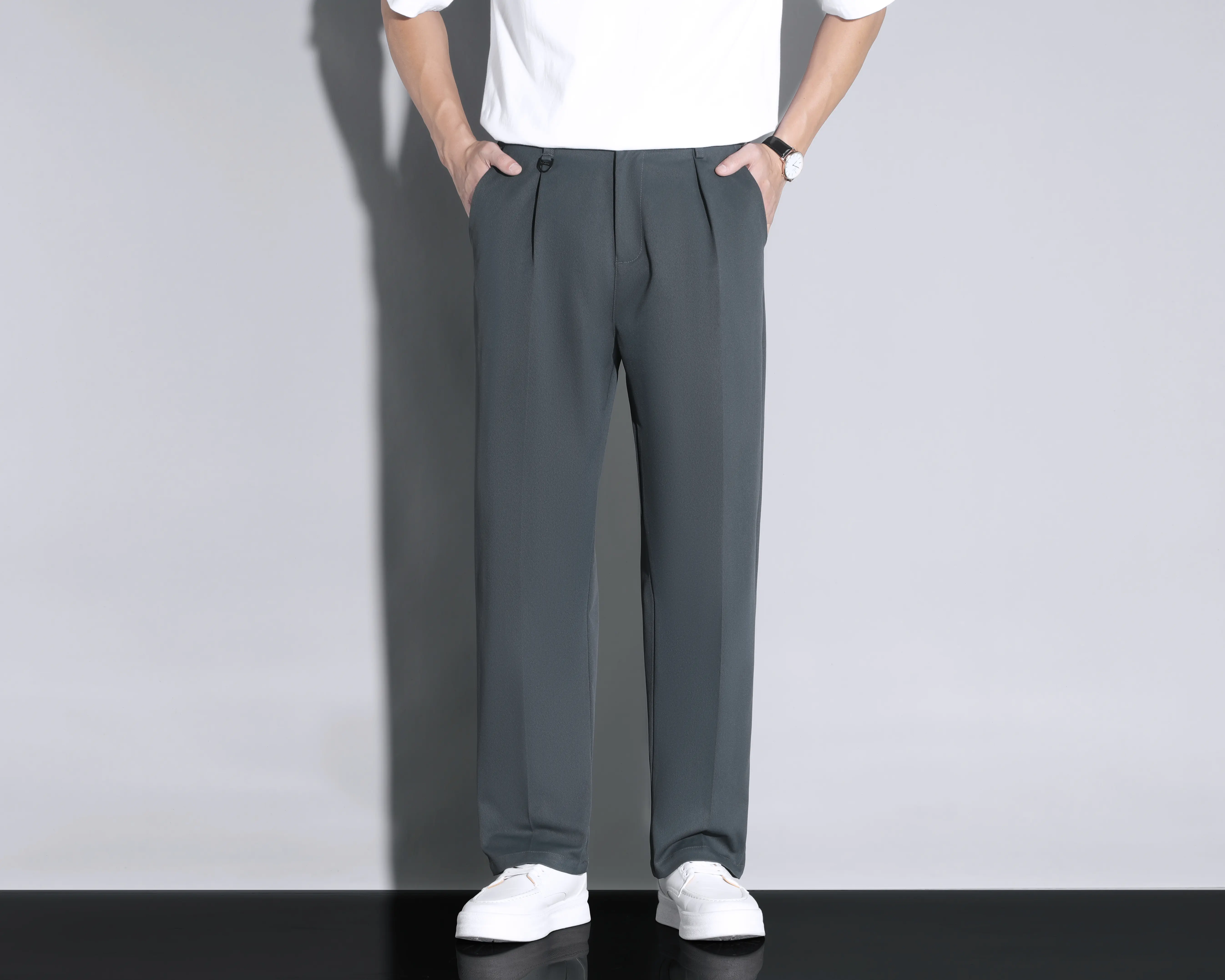 Men’s summer white ice silk straight-leg casual trousers with an elastic waistband, fluid drape, and smooth feel, wide-leg dress pants.