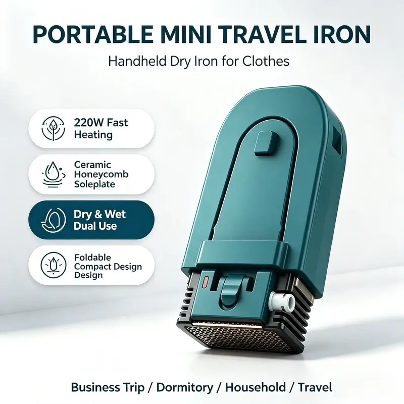 Portable Mini Travel Iron, HERO ROAD Handheld Dry Iron, 220W Low Power Fast Heating Ceramic Honeycomb Soleplate, Dry & Wet Dual Use, Foldable Design for Business Trip, Dormitory & Household Clothes Ironing