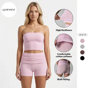 LUMENNEST Women's Versatile Solid Color Seamless Tube Top & Folded Waistband Shorts Co-ord, Minimalist Stretch Lightweight Sport & Outdoor Clothing