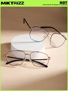 Aviator fashion metal wire frame computer Angled glasses square reader Anti Blue Light Glasses - Thin Metal Double Bridge Frame with Soft Nose Pads clip glasses for Computer & Gaming