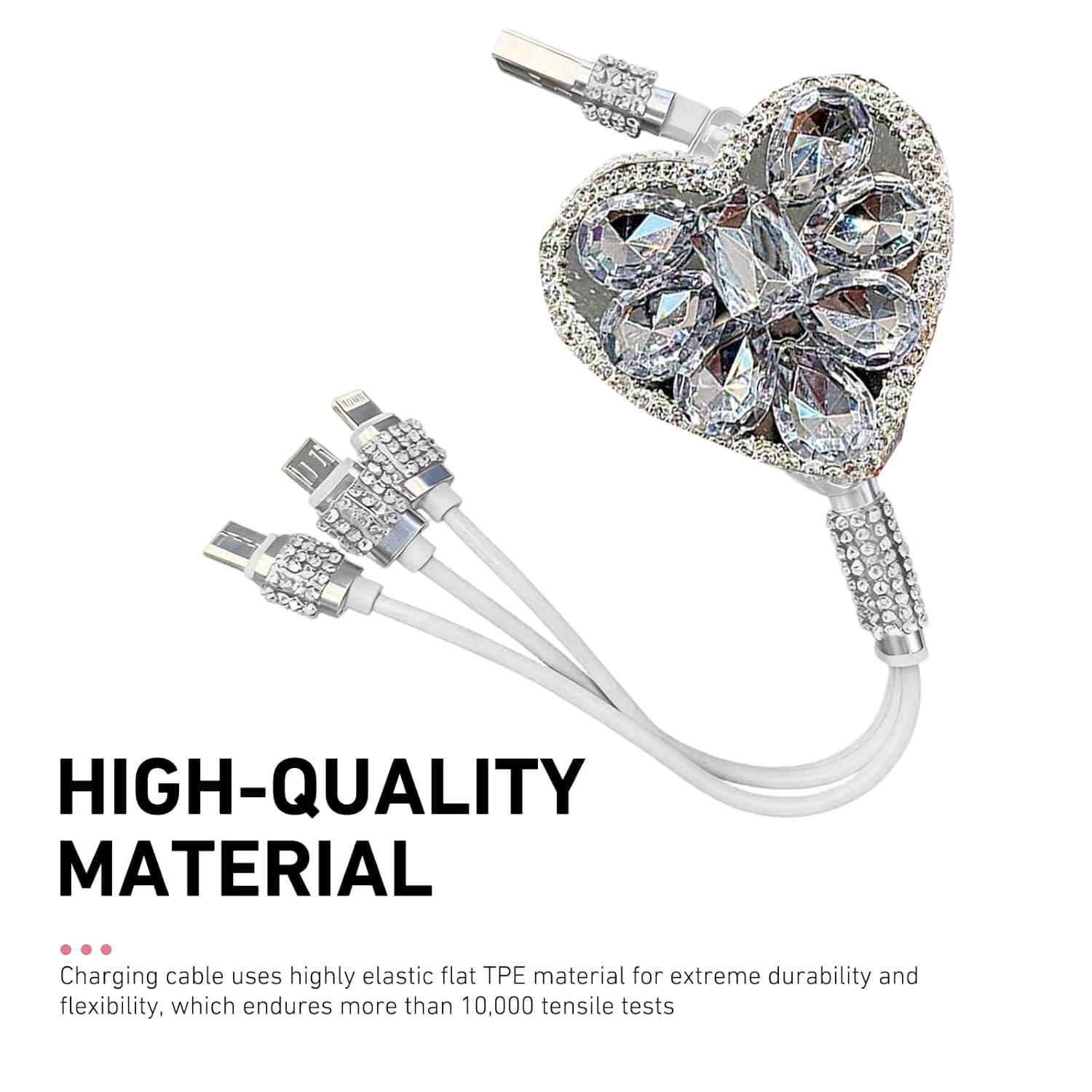 3-in-1 Bling Charger Cable Heart Rhinestone Crystal Sparkly Aesthetic Cute Car Decoration Phone Gift for Girls Women Viral TikTok