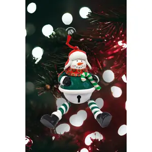 Christmas Ornament - Glossy Gingerbread Snowman with Dangling Legs and Bell. Wizardi Festive Decoration F07-N2-15-SBB004B