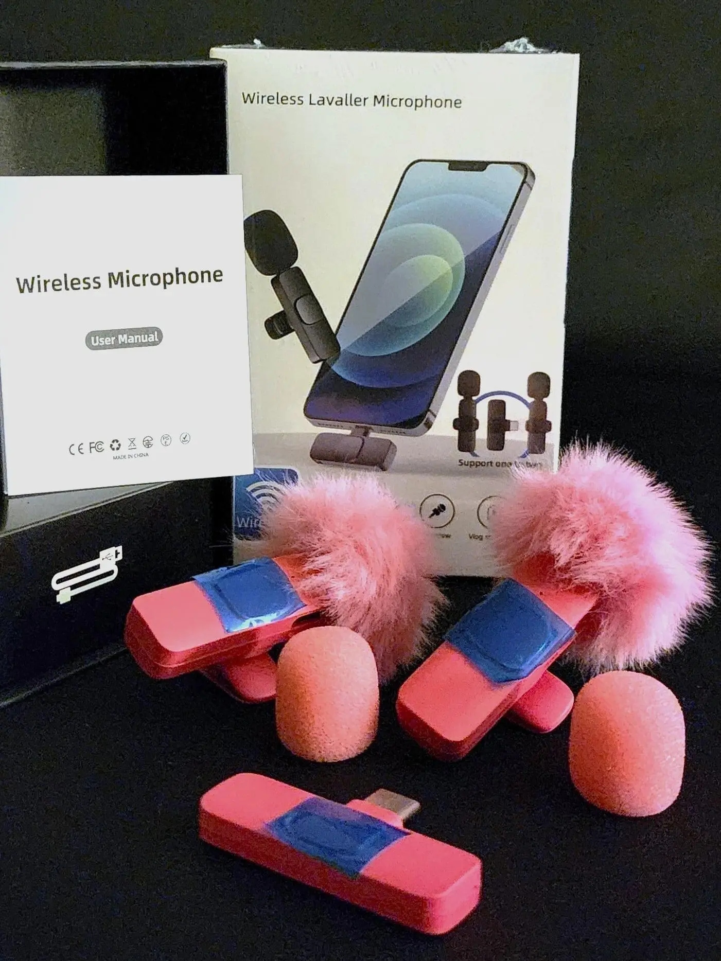HOT PINK - 2 pcs Wireless Lavalier Lapel Microphones for Smartphones and Audio Devices, Type-C or Lightning, Portable Rechargeable USB Wireless Lavalier Microphone Set wireless  lavalier