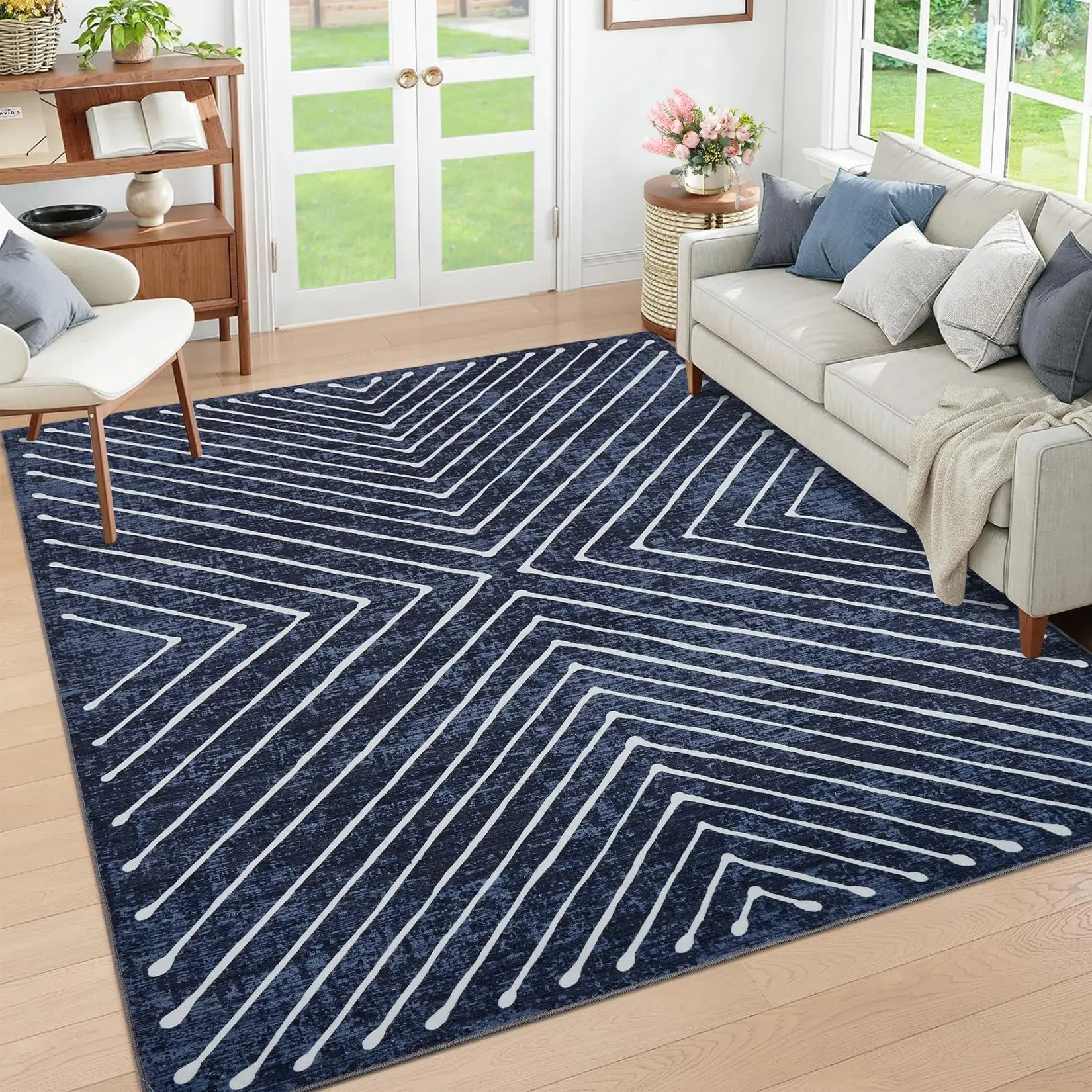 Washable Rug 5x7 Rug for Bedroom Stain Resistant Living Room Rugs Modern Striped Office Rugs Geometric Area Rug for Dining Room Blue