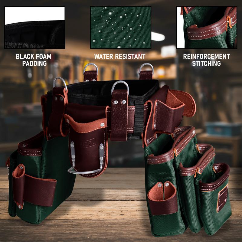 FUERI Heavy Duty Tool Belt for Men 26 Pockets Green & Maroon Nylon Leather Organizer Carpenter Construction Electrician Framing Belt Bag Pouch