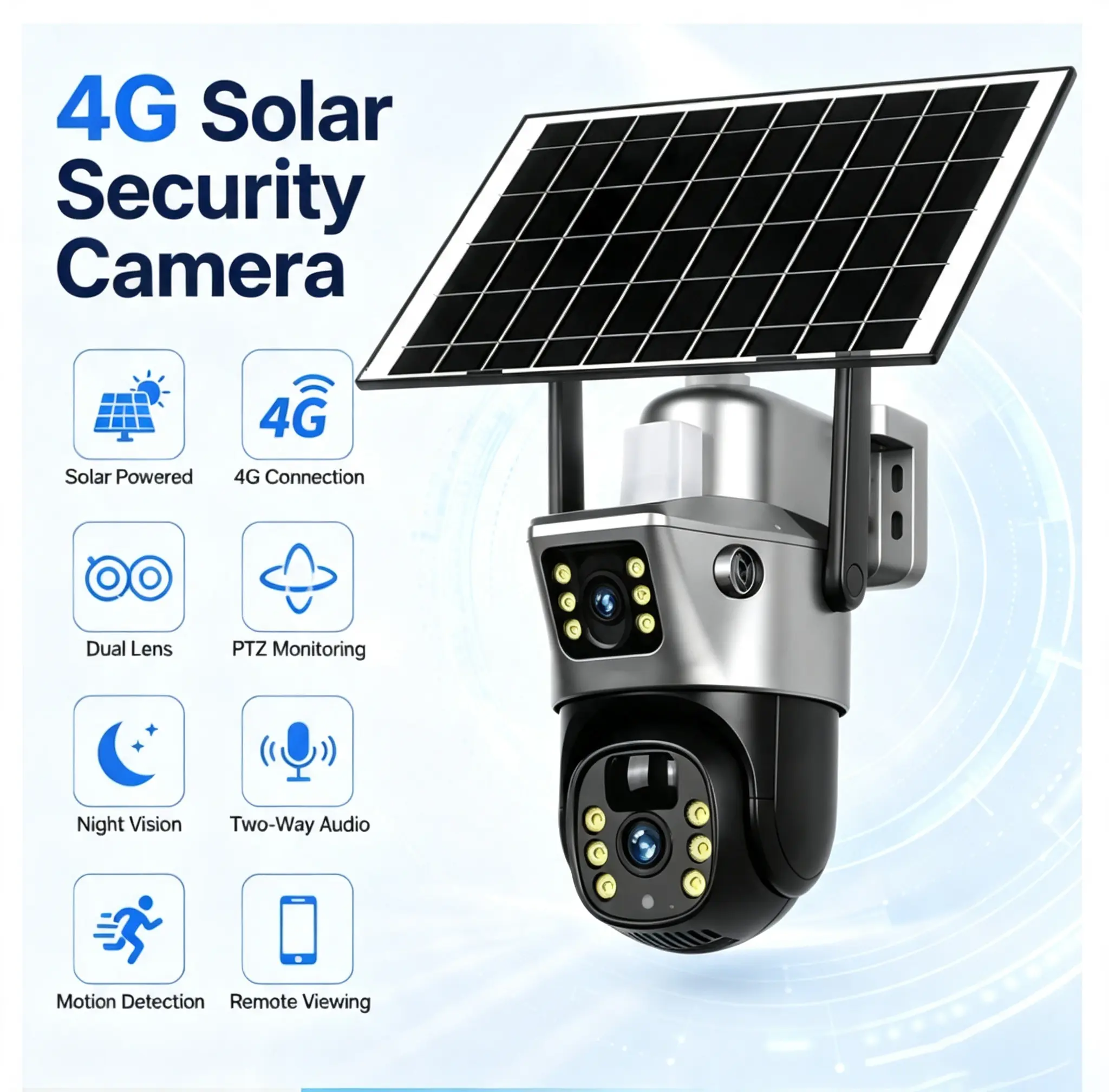 Outdoor Solar Security Camera, 4K HD Dual-Lens, 4G/Wi-Fi Dual Connectivity, 360° Pan Turret Rotation, Full-Color Night Vision, 2-Way Audio, Remote Smartphone Control for Home Use