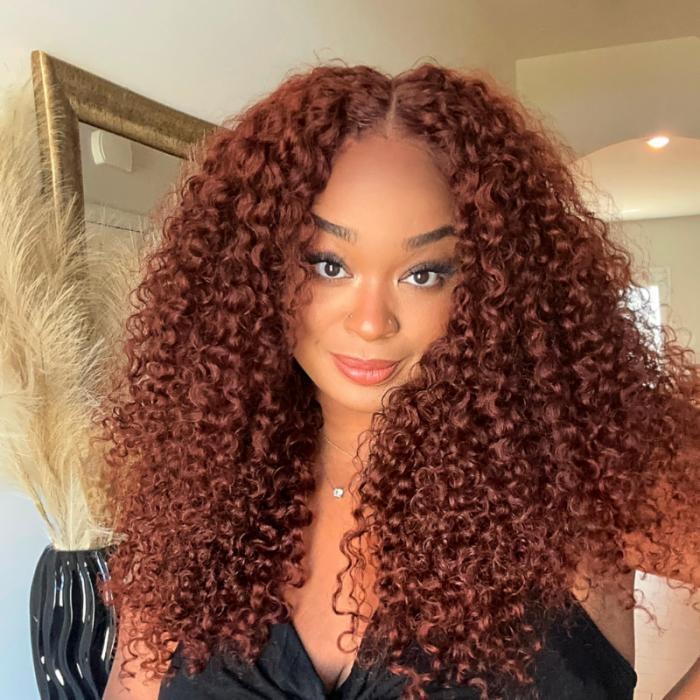 UNice Glueless 7x5 Pre Cut Lace Closure Reddish Brown Jerry Curly Wig Human Hair with Invisible Knots Beginners Friendly SpringStatements