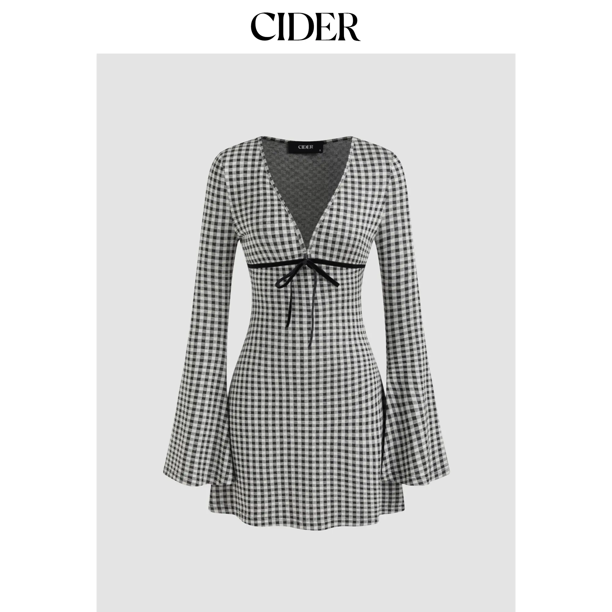 CIDER Women's Casual V-neck Gingham Bowknot Mini Dress (Size 0-10)