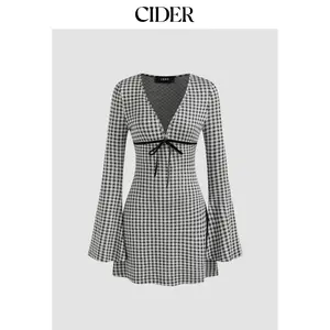 CIDER Women's Casual V-neck Gingham Bowknot Mini Dress (Size 0-10)
