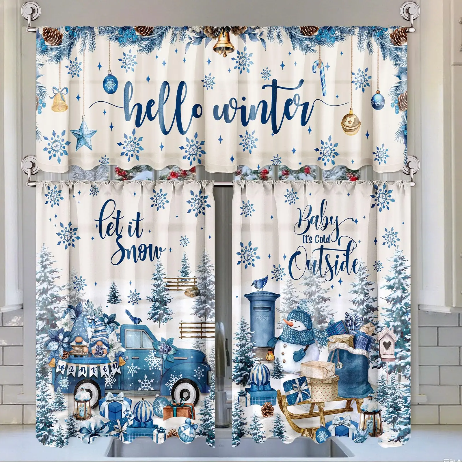 3 Pcs Christmas Kitchen Curtains Valances and Tiers Set for Windows, Christmas Short Curtains with Snowman Santa Claus Gingerbread Plaid Designs, Holiday Window Treatment Decor for Kitchen Bedroom Living Room Home Christmas Party Decor