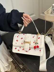 Women's Cherry Pattern Crossbody Bag, Flap Square Bag, Fashionable PU Leather Shoulder Bag for Daily Used, Casual Trendy Versatile High-quality Daily Commuting Bag, Handbag Shoulder Bag, Casual Handbag Satchel