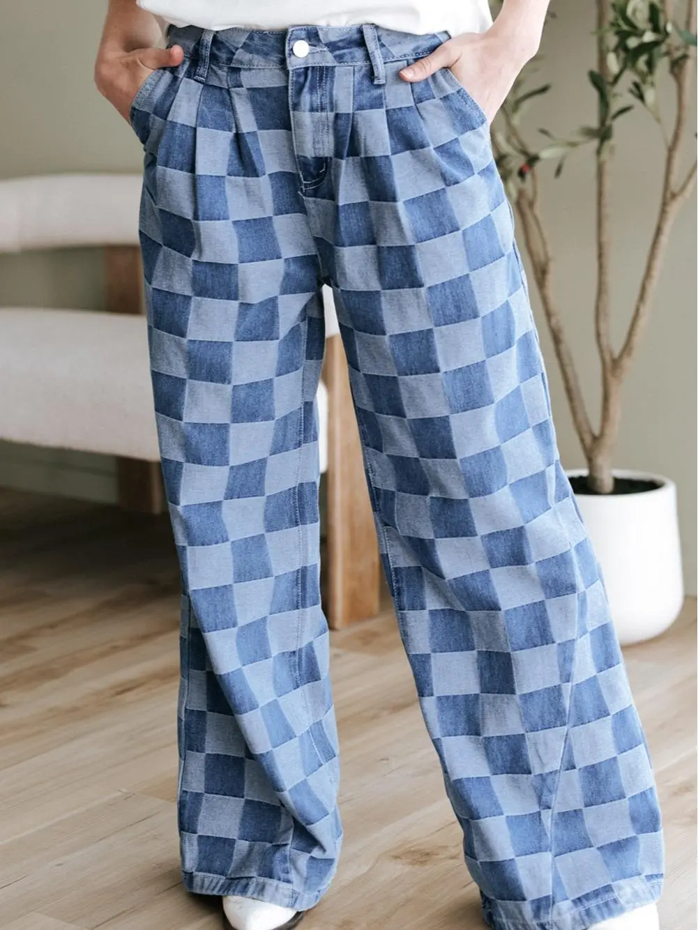 Women's Checkered Jeans, Comfortable High Waisted Loose Straight Leg Denim Pants for Casual and Formal Style, Fashion, Fit, Plaid, Casual Wear, Loose Straight Leg Jeans, Pocket, Outfits, Simple Fits, All Seasons, Bottoms, Top, Wide Leg, Loose-Fit