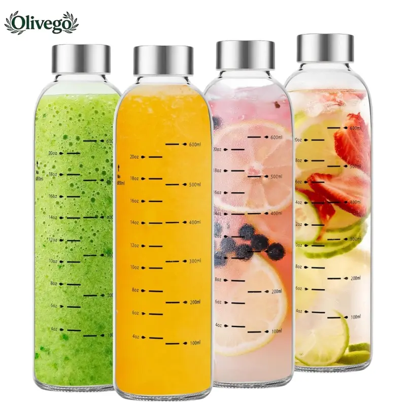 Olivego - Glass Water Bottles with Stainless Steel Cap 17 oz & 25 oz Clear Juice Bottles 100% Leak Proof Reusable BPA-Free for Juicing Refrigerator Storage On-the-Go Hydration - Drinkware,summerwins