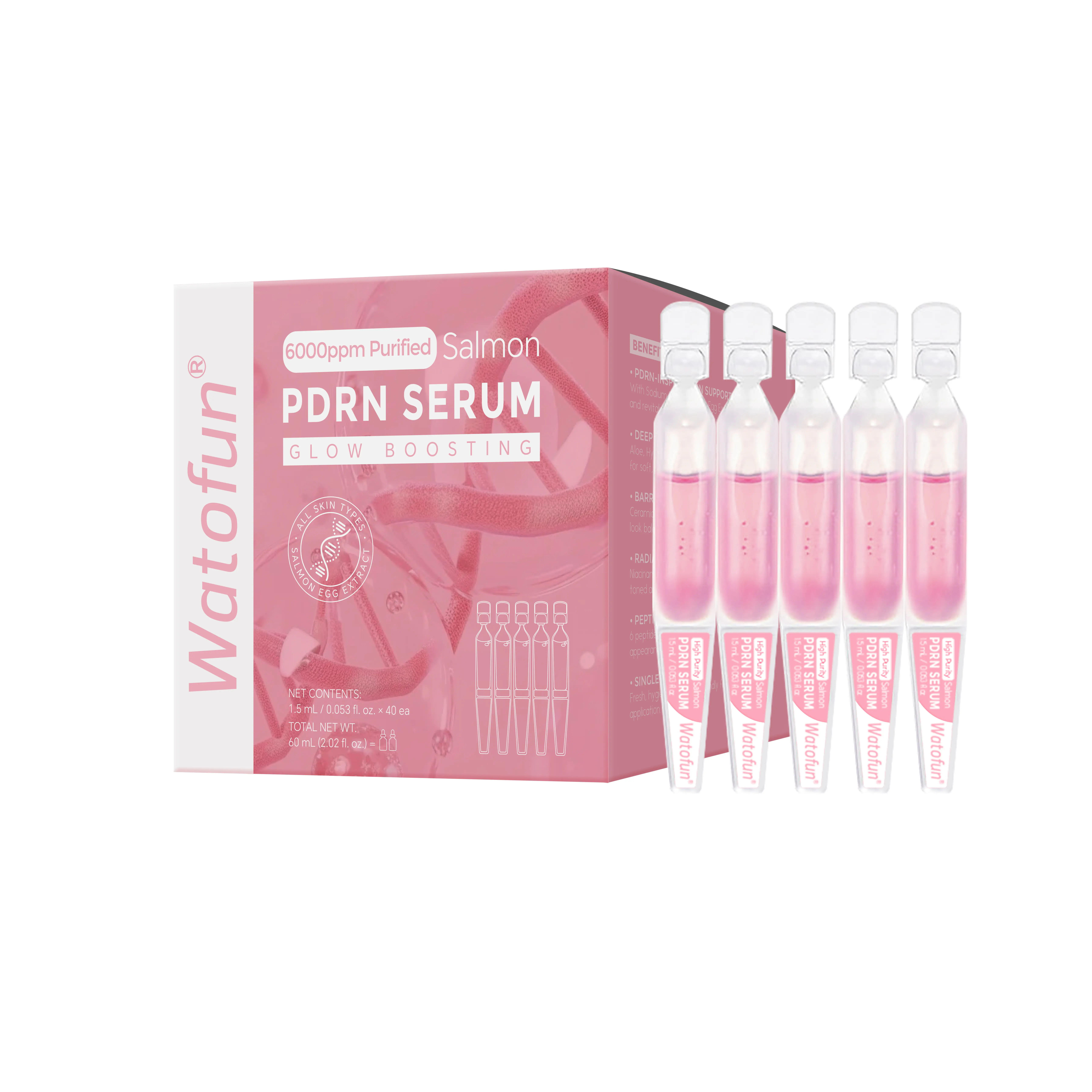 Watofun PDRN Pink Serum 40 Single-Use Vials | 6000ppm Purified Salmon PDRN, Salmon DNA, Hyaluronic Acid, Radiant Plumping Facial Serum, Lightweight Moisture, Uneven Skintone Glow Boosting Skincare