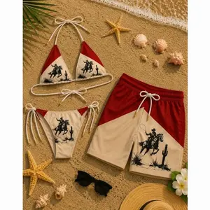 Sunset Marlboro Beach Set: Matching Cowboy Print Bikini & Men’s Shorts in Warm Beige Tones, Perfect for Summer Getaways, Beach Days, and Resort Style