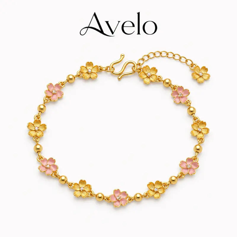 Women's Gold Dainty Pink Cherry Blossom Charm Bracelet, Adjustable Costume Jewelry Bracelet Gift for Girls, Bracelets, Charm Bracelets