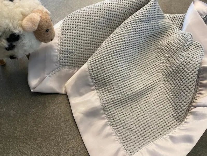 SATIN TRIM BLANKET, Lovey Cotton Blanket, Gray waffle, Handmade Heirloom Blanket