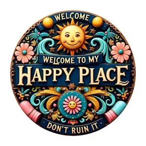 Vintage Round Iron Sign - Welcome to My Happy Place, Do Not Ruin It, Suitable for Patio, Porch, Garage, Wreath Center, Wreath Sign, Door Decoration, Wall Decoration, Applicable for Streets, Yards, Malls, Homes, Festive Decorations, 7.87X7.87 Inches