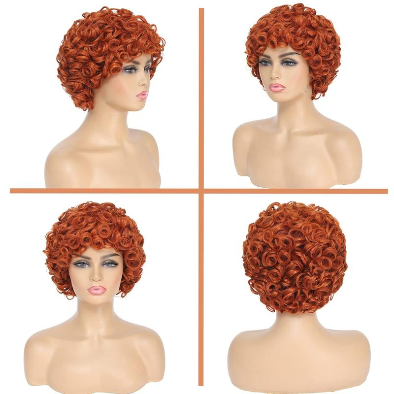 Junoda-Kiqibeauty Short Curly Bob Wig with Bangs Full Machine Made Human Hair Wigs for Black Women (Curly wig with bangs, Orange)