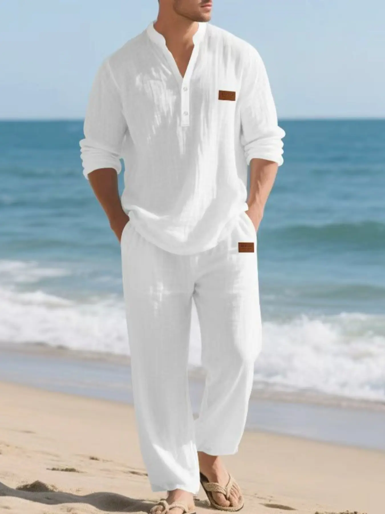 Men's Linen Casual Hooded Button Long Sleeve Shirt & Straight Leg Pants Set, Loose-Fitting Two-Piece for All Seasons